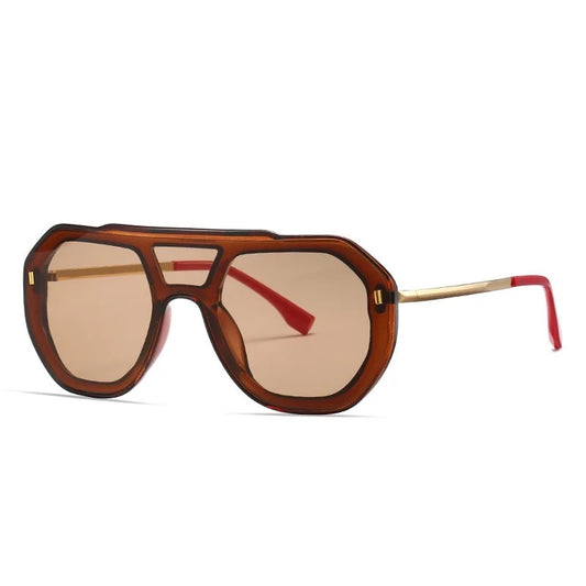 Sunglasses with a brown frame and red arms