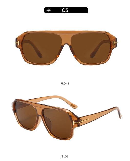 Brown sunglasses shown from front and side views