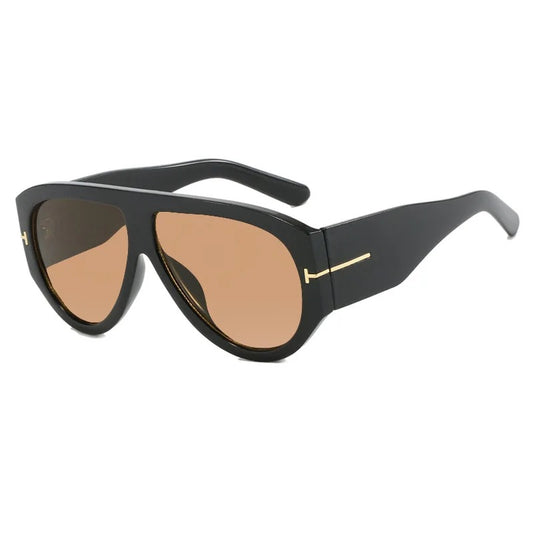 Black sunglasses with gold accents on a white background